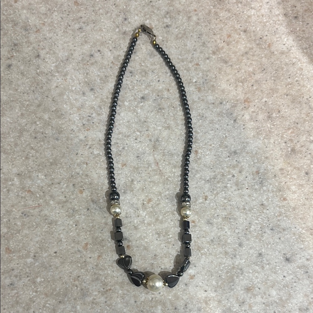 Hematite Faux Pearl & Rhinestone Necklace
